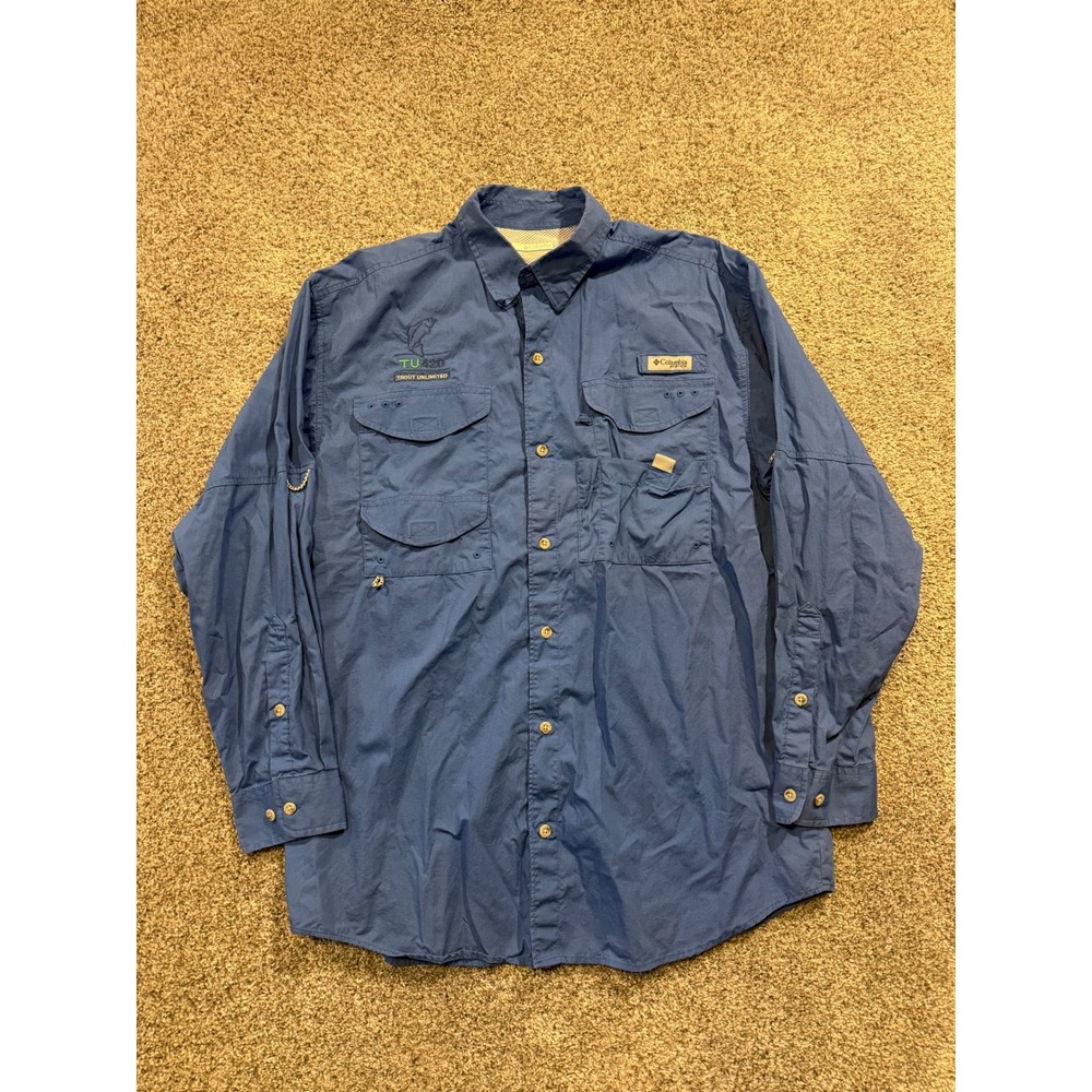 Columbia PFG Mens Medium Blue Trout Unlimited Fishing Shirt Long Sleeve *